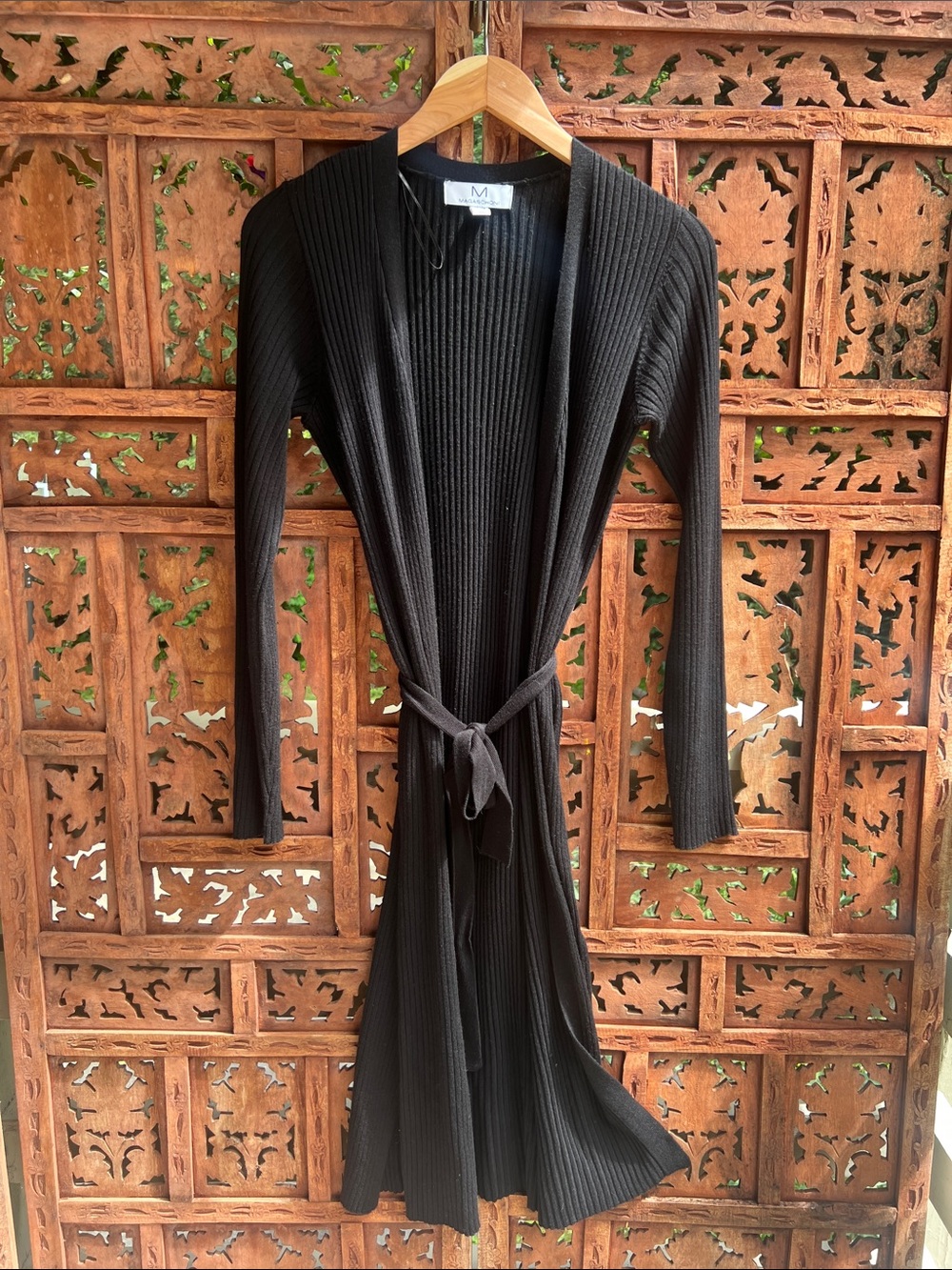 Magaschoni Black Ribbed Long-Sleeve Wrap Cardigan Dress